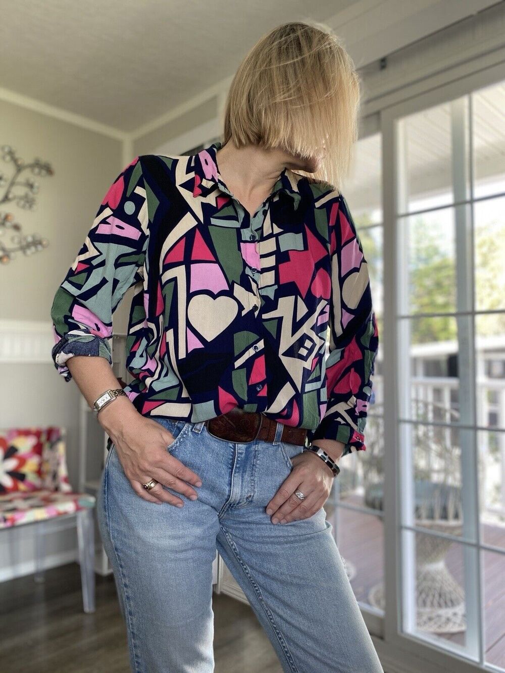 Big Dart Pop Art Inspired women's geometric print long sleeve blouse US Size 12